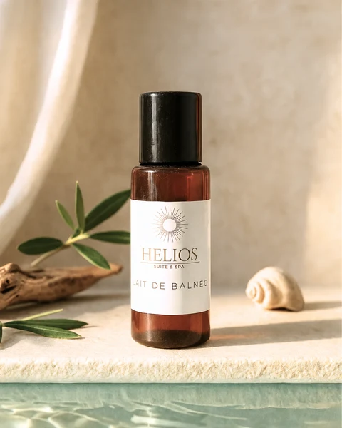 Flacon de lait de balnéo Helios, proposé en option pour profiter du spa privatif.