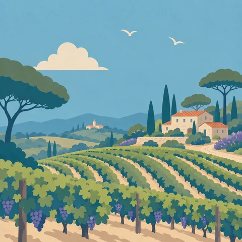 Illustration de vignes et d’une bastide dans les collines de Provence.
