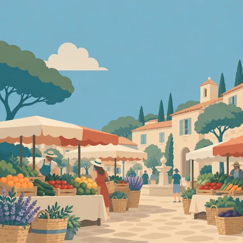 Illustration d’un marché provençal : étals de fruits et légumes sur une place de village.