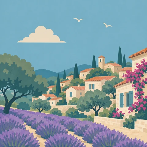 Illustration d’un village provençal entre oliviers, champs de lavande et bougainvilliers.