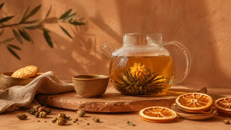 Fleur de thé Blooming Tea dans une théière en verre, pour une pause gourmande chez Helios.