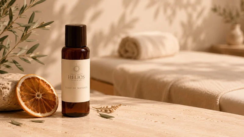 Flacon d’huile, table de massage et serviette roulée, pour une pause bien-être dans la suite Helios.