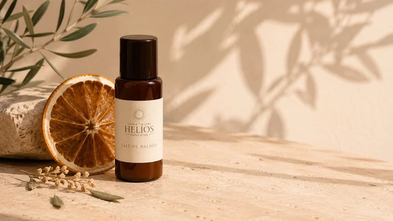Flacon de lait de balnéo Helios, proposé en option pour le bain balnéo privatif.