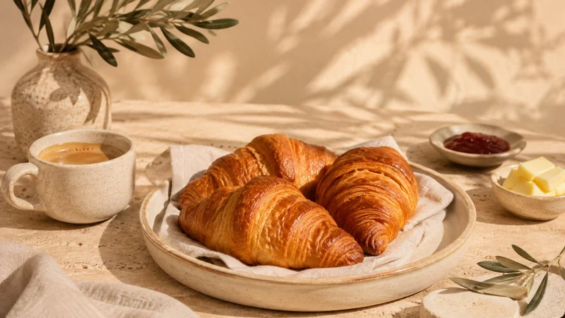 Croissants, boissons chaudes et confitures du petit-déjeuner en duo proposé chez Helios.