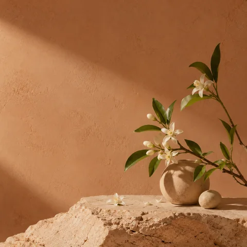Vase et branche fleurie dans les tons naturels de l’univers Helios.