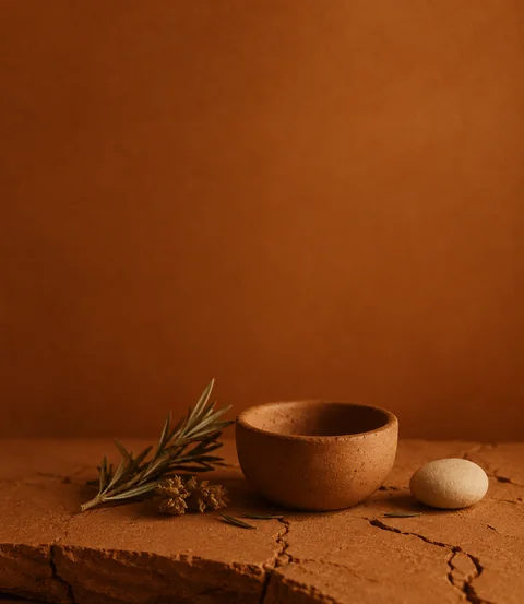 Coupe en bois et branche d’olivier dans les tons terracotta de Quinte'Sens, l’expérience des cinq sens d’Helios.