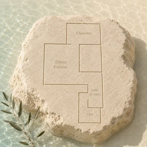 Plan de la suite Orion à Saint-Cyr-sur-Mer : chambre, séjour-cuisine, salle de bain et spa privatif.