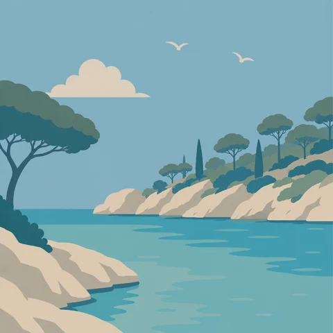 Illustration du littoral méditerranéen, avec une crique et des pins, pour découvrir les environs de Saint-Cyr-sur-Mer.